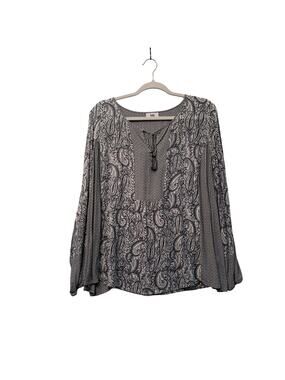 J Jill Women's Floral Paisley Blouse Long Sleeves Tie Tassels Pull Over Boho LG